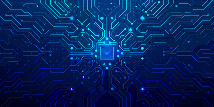 abstract circuit board pattern with glowing blue microchip in the center dark background high quality