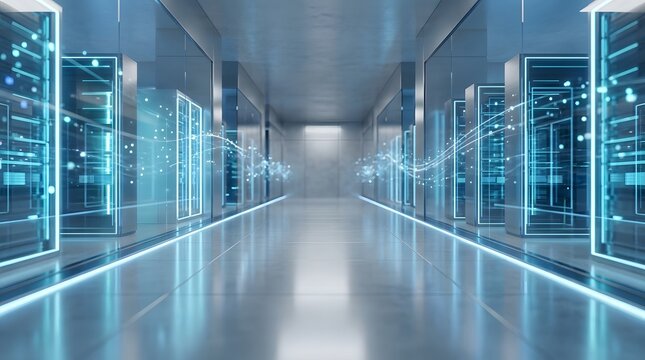 Futuristic high-tech data center with glowing server racks and dynamic digital information streams, symbolizing advanced cloud computing infrastructure and secure network solutions