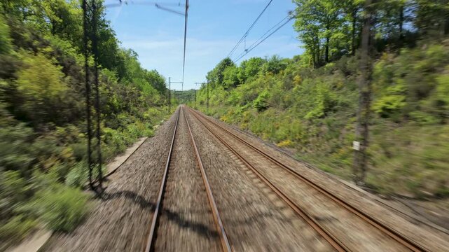 View from the train tracks through the French countryside