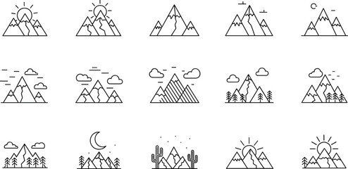 Fototapeta premium Mountain landscape line icon set featuring nature peaks outdoor travel adventure sun clouds trees and wilderness symbols