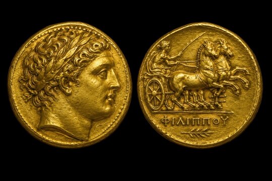 Gold stater of Philip II from Amphipolis with laureate portrait and victorious biga chariot design.