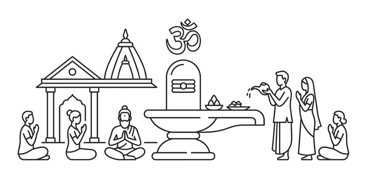 Line art outline vector illustration of a Hindu temple scene with devotees praying and offering water to a sacred om shivaling.