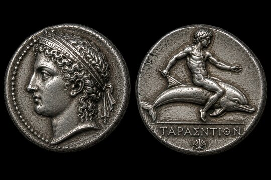 Taras Tarentum silver stater with dolphin rider from Magna Graecia