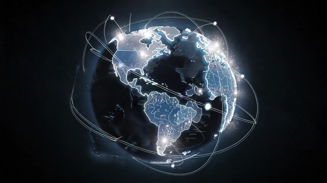 Glowing digital globe with illuminated continents and interconnected data points representing global connectivity