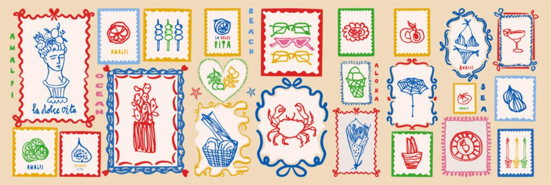 Tropical beach lifestyle stamps in doodle sketch colorful style. Summer vacation postal elements with lettering for postcard prints. Sea food vector illustrations for mail and stickers.