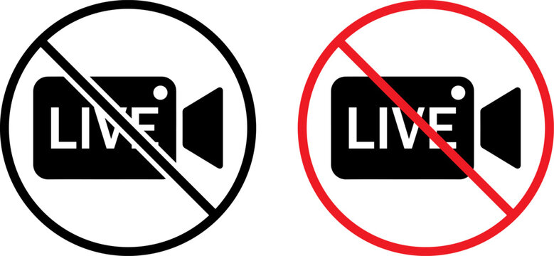 No live streaming icon set, prohibited video recording sign