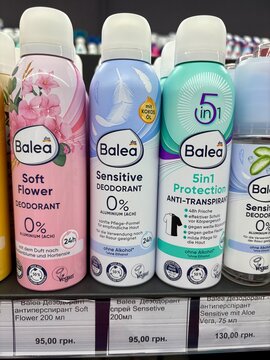 12.05.2026 Ukraine Kharkov Balea deodorant and anti-perspirant spray cans on a store shelf.