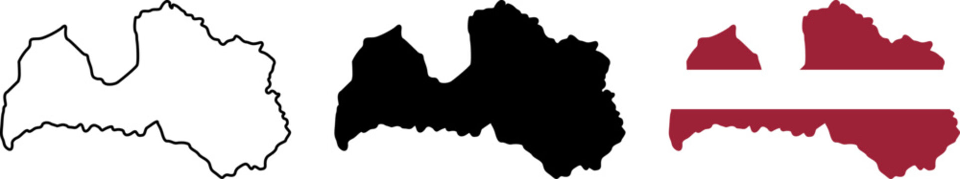 Latvia map outline, silhouette and flag map isolated on white background
