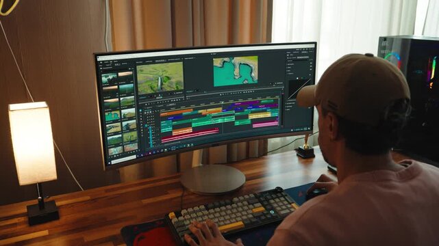 Professional male video editor working at a computer monitor in a modern editing workspace. Focused creative workflow with timeline editing, color grading, and post-production atmosphere.