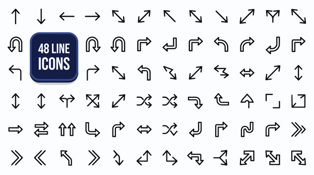 Collection of 48 simple line arrow icons on a white background for navigation and direction concepts