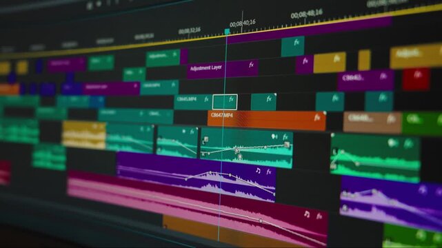 Close-up cinematic footage of a video editor working inside professional editing software. Timeline editing, color grading, sound design, waveform adjustments, and creative post-production workflow .