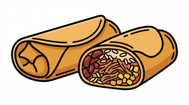 Delicious mexican burritos featuring savory beans and seasoned meat filling prepared as an illustration on white background