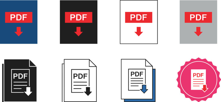 PDF Document File Format Download Button Icon Set with Paper Sheets and Arrow Symbols for Web Application Interface Graphic Designs