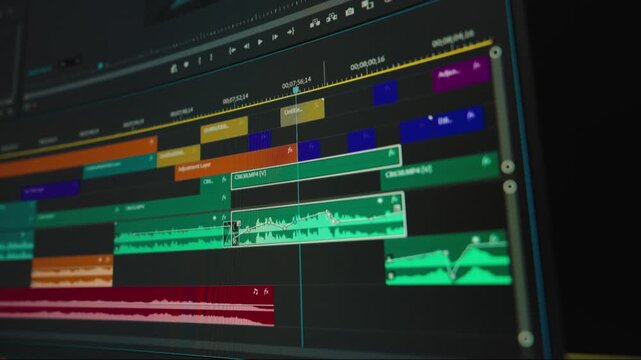 Close-up cinematic footage of a video editor working inside professional editing software. Timeline editing, color grading, sound design, waveform adjustments, and creative post-production workflow .