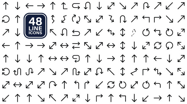 A collection of 48 black line arrow icons on a white background with a label