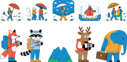 Fototapeta premium Cute Animal and People Tourist Vector Illustration Set with Fox Raccoon Deer Traveling Hiking with Cameras and Backpacks for Outdoor Adventure Designs
