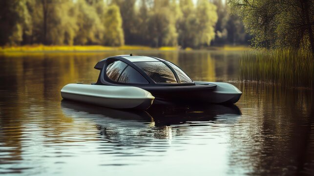 A futuristic, sleek, and modern electric boat with a large windshield, floating on a calm lake with a blurred background of trees.