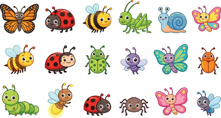 Cute cartoon insect vector set with smiling ladybug bee snail and grasshopper characters isolated on white © misla
