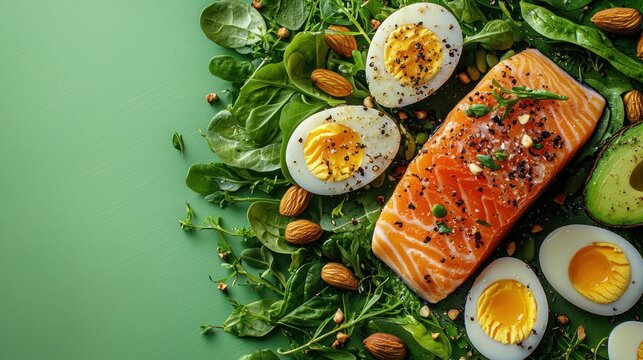 Healthy salmon, egg, and greens salad on green background