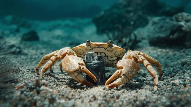 Crab standing underwater holding old rusty lighter beneath ocean floor