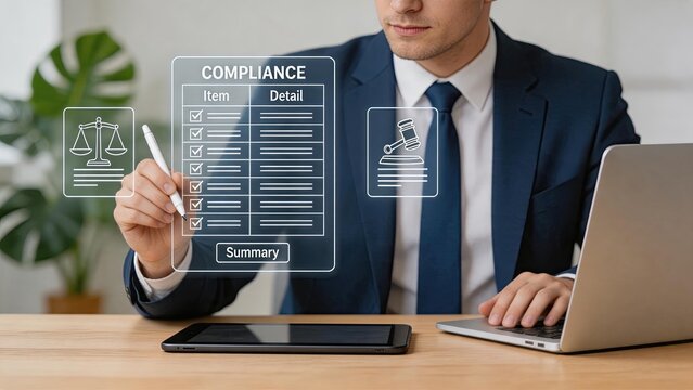 Compliance legal checklist audit on tablet with gavel icon, regulatory adherence and law concept