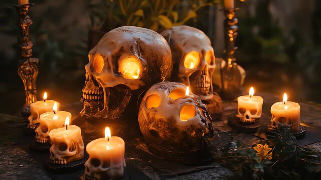 Lit candles and skulls on a dark tabletop dramatic lighting