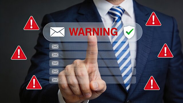 Corporate executive touching warning alert on email security interface with red exclamation marks surrounding shield icon indicating phishing threat protection and cybersecurity