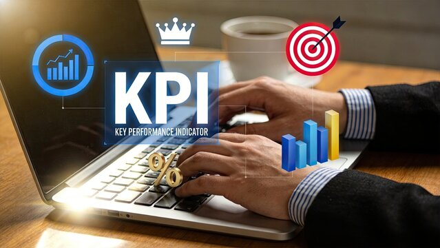 Hands typing on laptop keyboard with KPI key performance indicator text overlay plus crown target percentage and bar chart graphics illustrating business analytics dashboard and