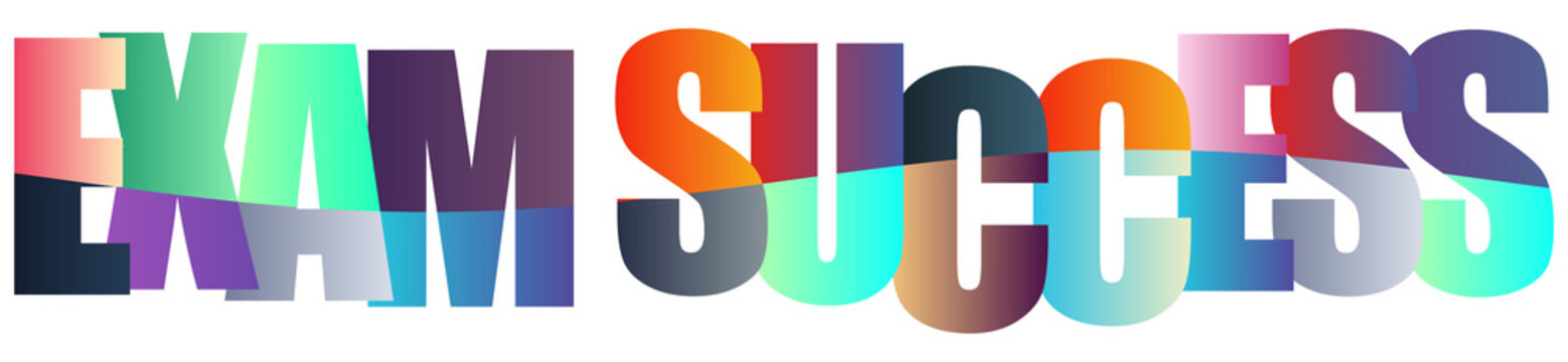 Colorful exam success text with gradient letters isolated on transparent background