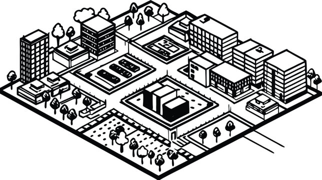 Detailed cad layout of urban zoning block with buildings, roads, and green spaces