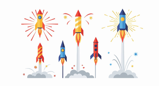 Colorful cartoon rockets launch with fireworks, smoke, and sparks