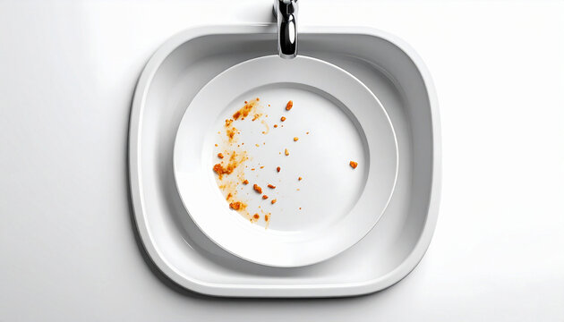 Dirty white plate with food remnants inside a kitchen sink top view. 