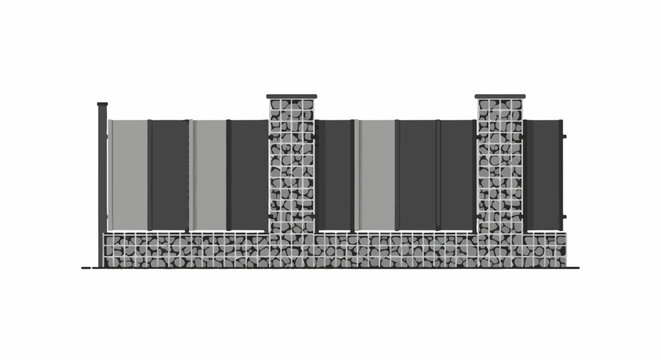 Modern gabion and panel fence construction with varying grey tones