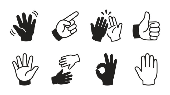 Set of Hand Gestures Icons: Waving, Pointing, High Five, Thumbs Up, Open Palm, Okay Sign