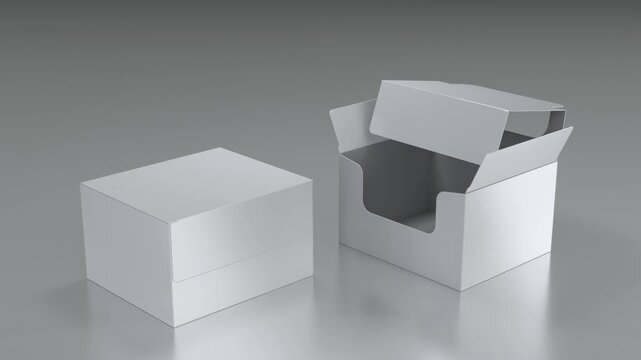 Opening a white cardboard folding display box mockup. 3d animation on gray background