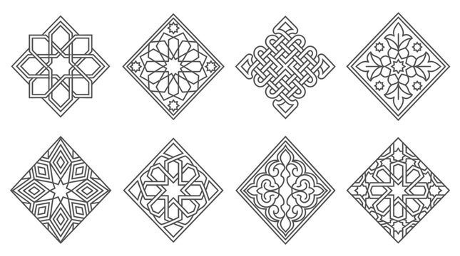 Islamic geometric patterns, ornamental rhombus motifs, arabesque designs, vector