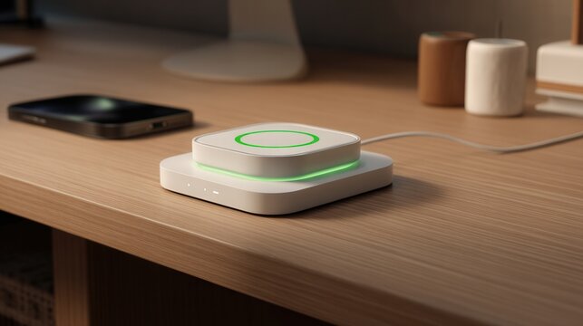 Stacked charging pad with glowing ring resting near phone and coffee mug on desk, scene conveys everyday convenience for creator on break, quick topup for gadgets between meetings
