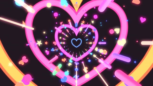 Neon heart-shaped tunnel with glowing stars and light streaks motion graphics. (loop)
