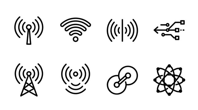Wireless Technology Icons: Signal, Network, Atom, Circuit Board