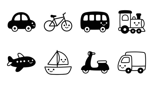Cute Kawaii Transportation Icons: Car, Bike, Bus, Train, Plane, Sailboat, Scooter, Truck