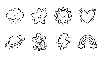 Cute Doodle Icons: Cloud, Star, Sun, Heart, Planet, Flower, Lightning, Rainbow © Labib