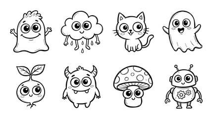 Fototapeta premium Cute Hand-Drawn Monsters, Cat, Ghost, Cloud, Robot, Mushroom, Root Vegetable