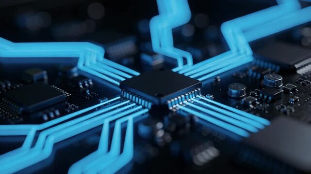 Futuristic close up of advanced microchip glowing with dynamic blue circuits technology innovation