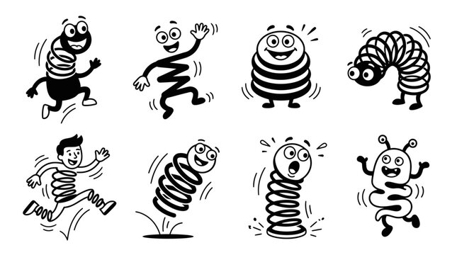 Funny cartoon spring characters, jumping and playing, isolated on white