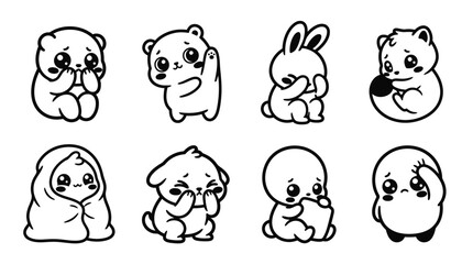 Obraz premium Cute Sad Kawaii Animals Collection: Panda, Bunny, Dog, Bear, Penguin