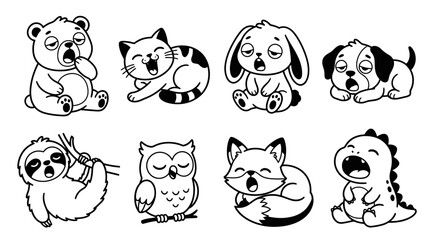 Fototapeta premium Cute sleepy cartoon animals yawning and tired, set of icons