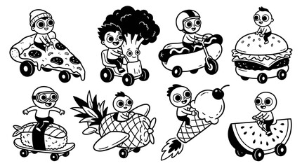 Fototapeta premium Cute cartoon kids riding food vehicles: pizza, broccoli, burger, hotdog, sushi, pineapple, ice cream, watermelon