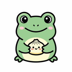 Fototapeta premium Adorable cartoon frog happily holding a cute smiling dumpling illustration.