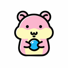 Fototapeta premium Cute cartoon hamster holding a blue ball with a pink body.