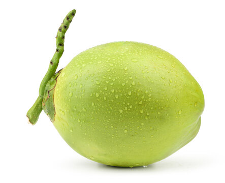 Young green coconut with water droplet isolated on white.
